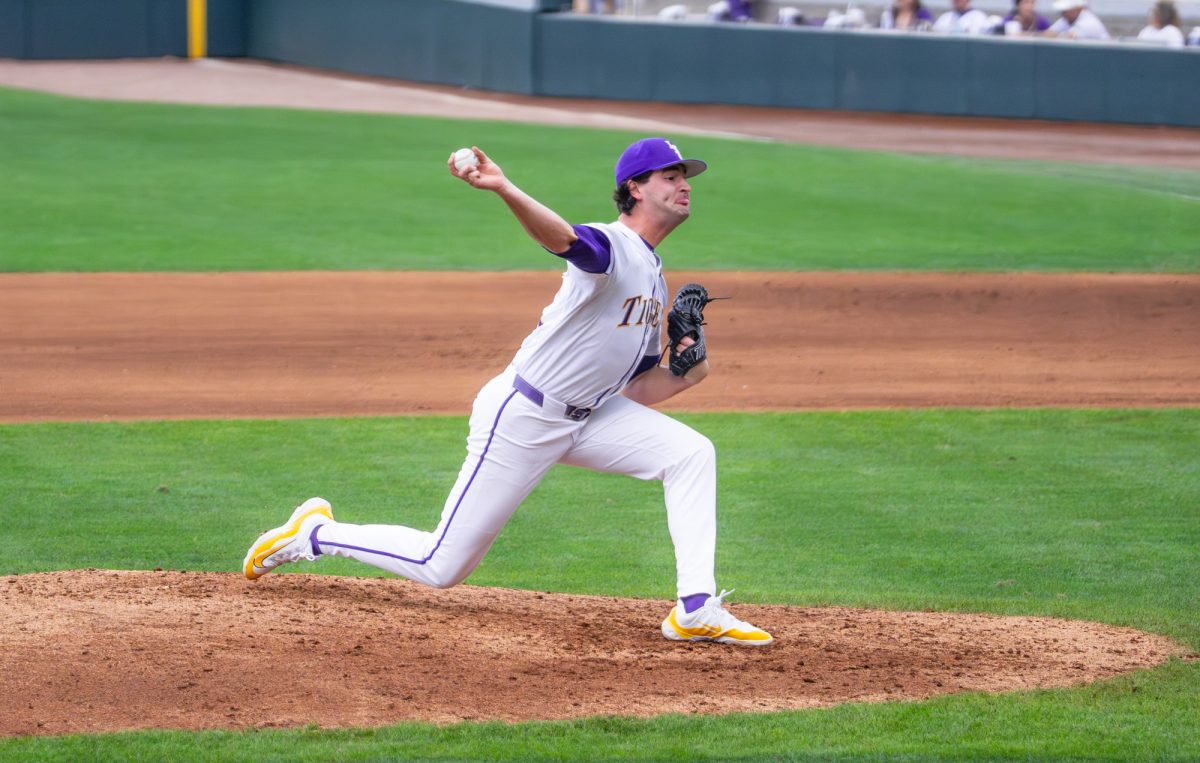 LSU baseball sophomore right-handed pitcher Mavrick Rizy (17) pitches the ball during the Tigers' 5-3 win over Miluaukee Saturday, Feb. 14, 2026, at Alex Box Stadium in Baton Rouge, La.