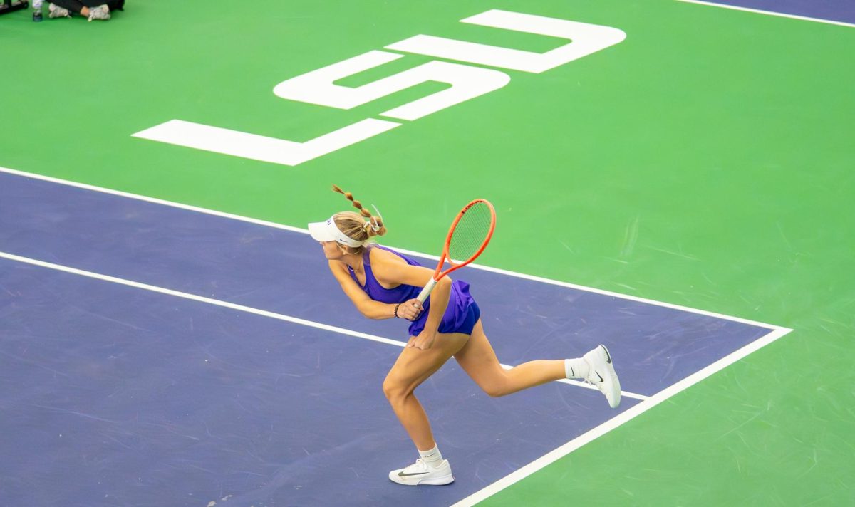 LSU women’s tennis junior Kenna Erickson hits the ball across the court during her victory against Tulane on Monday, Feb. 2, 2026, at the LSU Tennis Complex in Baton Rouge, La.