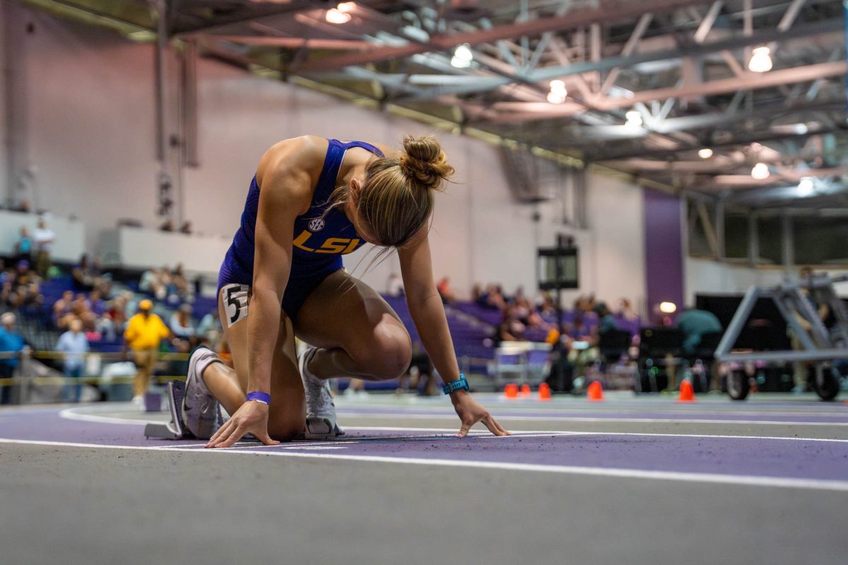 LSU track and field freshman distance runner Macey Theriot prepares on her blocks during LSU’s Twilight Invitational on Friday, Feb. 20, 2026, at the Carl Maddox Field house in Baton Rouge, La
