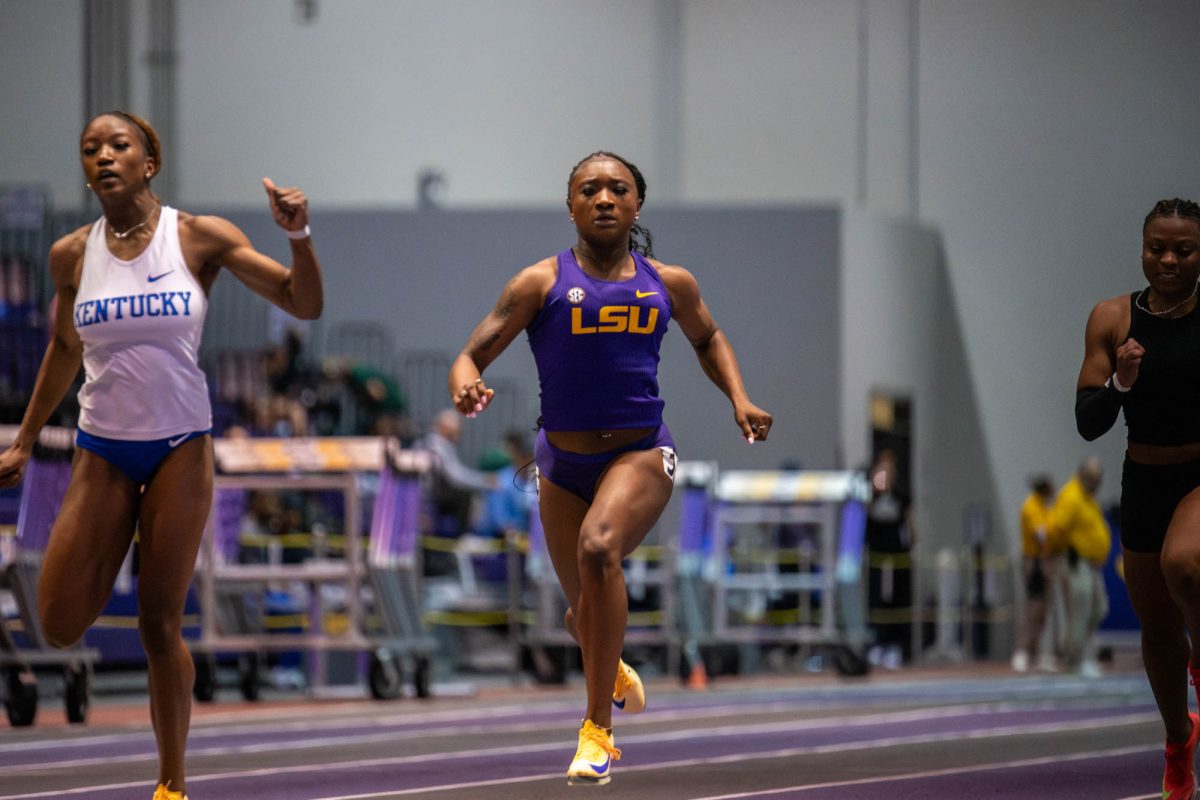LSU Track and Field junior sprinter Aniyah Bigam sprints the 60 meter during LSU’s Twilight Invitational on Friday, Feb. 20, 2026, meet at the Carl Maddox Field house in Baton Rouge, La