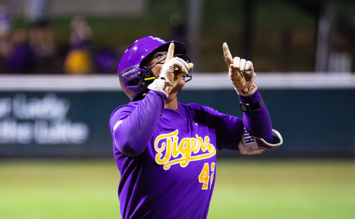 LSU softball redshirt sophomore Tori Edwards (42) looks to the sky during the Tigers' 5-4 win over Michigan State Saturday, Feb. 21, 2026, at Tiger Park in Baton Rouge, La.