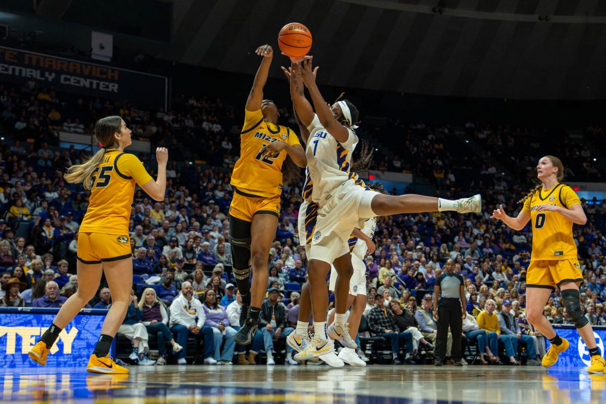 LSU women’s basketball senior guard Amiya Joyner (1) jumps for the ball during LSU’s 108-55 win against University of Missouri on Sunday, Feb. 22, 2026, at the Pete Maravich Assembly Center in Baton Rouge, La.