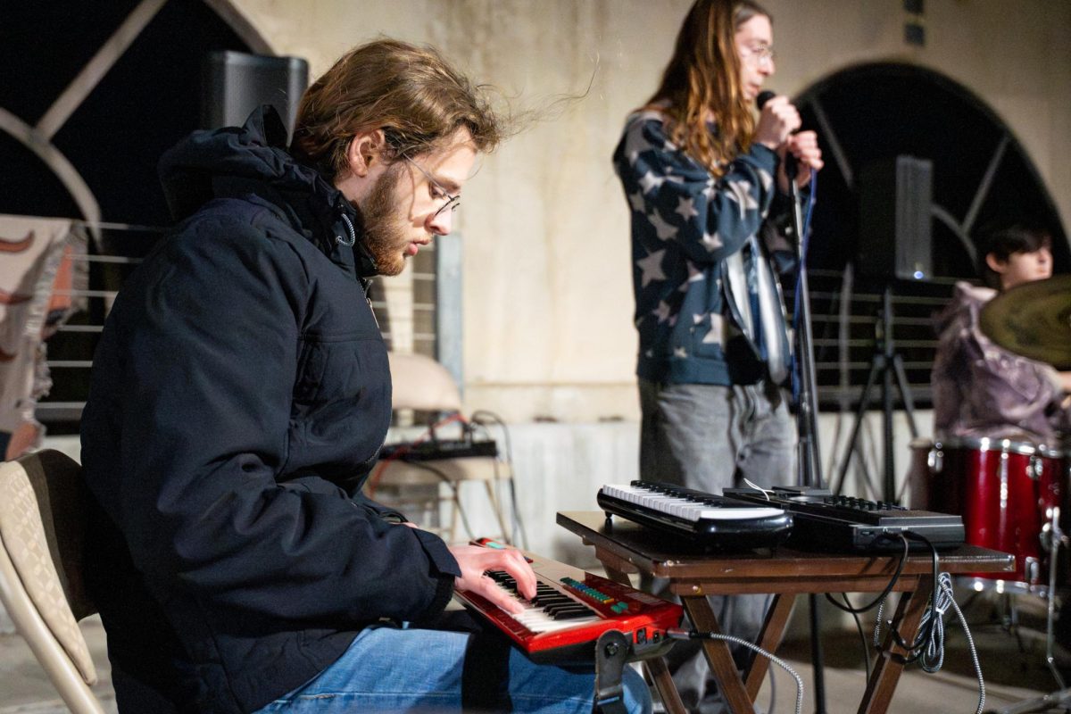 A band member plays the keyboard Wednesday, Feb. 4, 2026, at the Union Square Parking Garage in Baton Rouge, La.