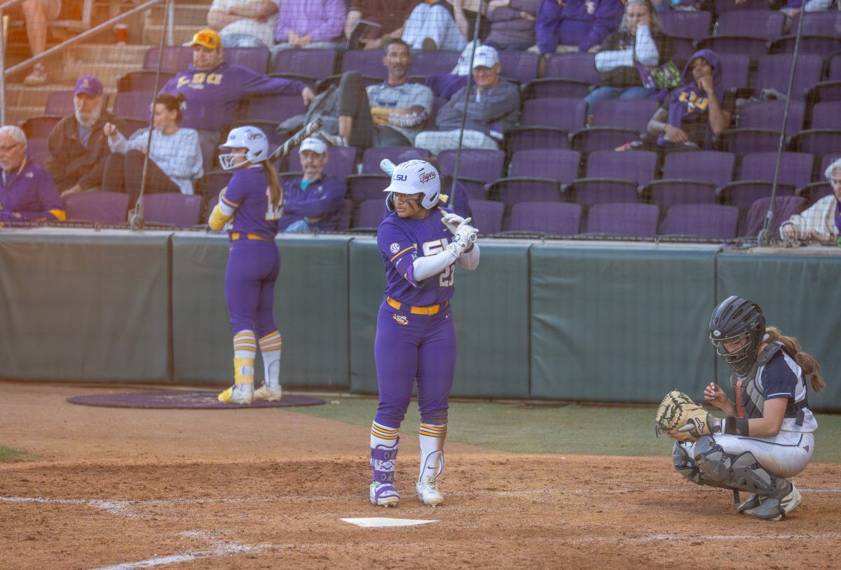 LSU softball junior utility player Sierra Daniel (23) stands at the plate during the Tigers' 6-2 win over Nevada Friday, Feb. 6, 2025, at Tiger Park in Baton Rouge, La.