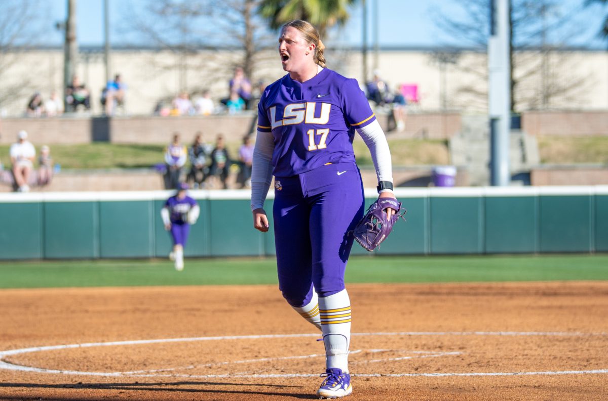LSU softball senior pitcher Paytn Monticelli (17) celebrates during the Tigers' 6-2 win over Nevada Friday, Feb. 6, 2025, at Tiger Park in Baton Rouge, La.