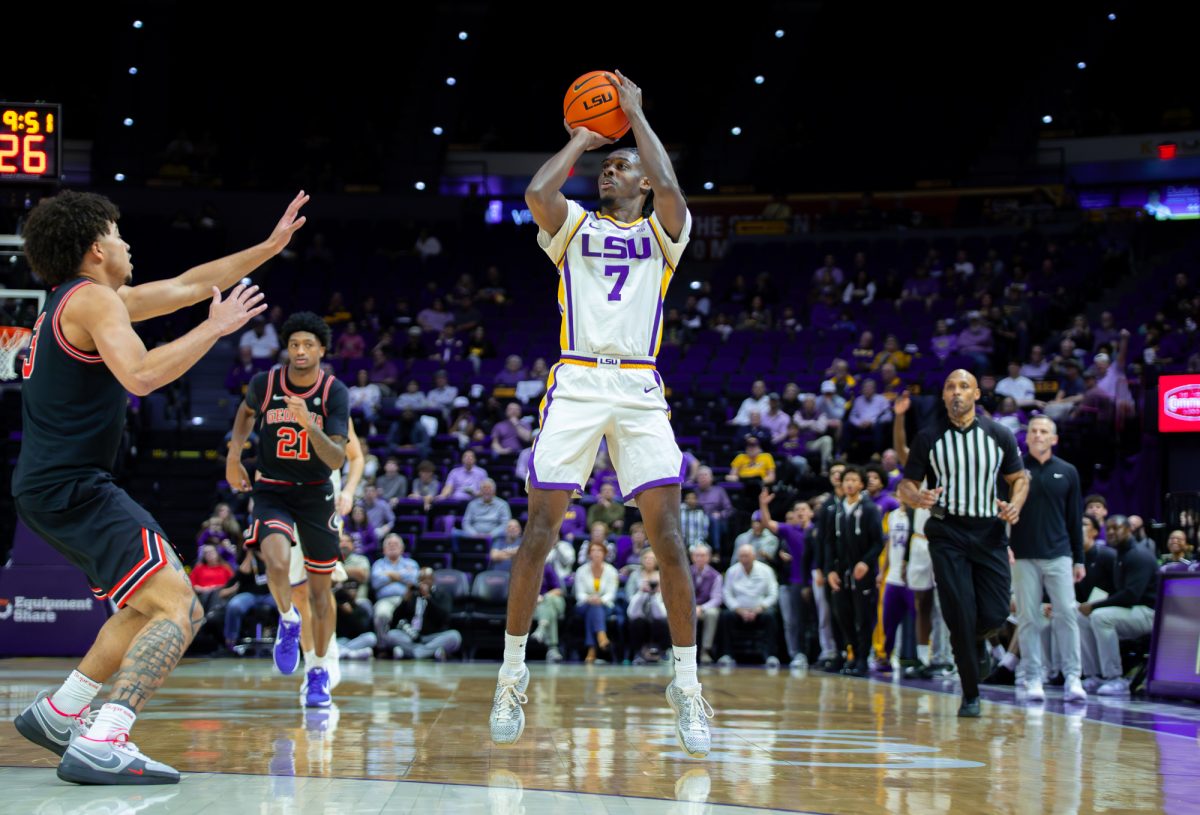 LSU men's basketball  fifth-year senior guard PJ Carter (7) shoots the ball during the Tigers' 83-71 loss against Georgia Saturday, Feb. 7, 2026, at the Pete Maravich Assembly Center in Baton Rouge, La.
