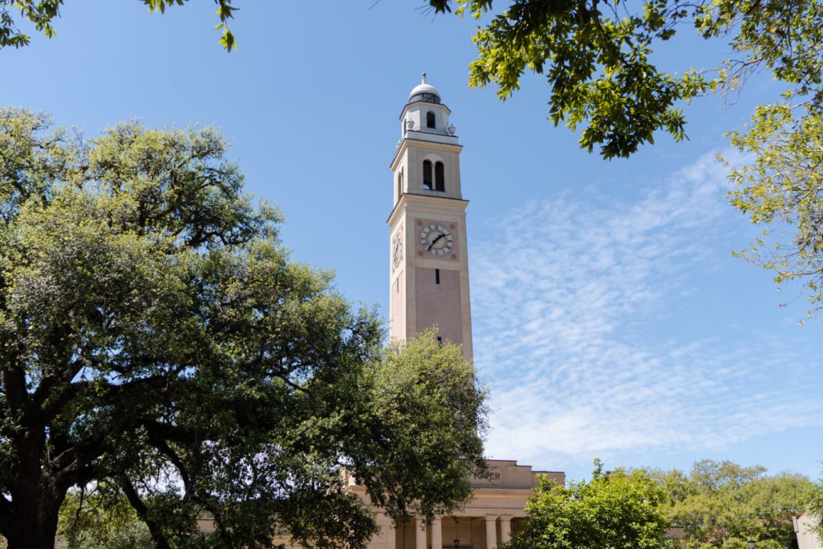 LSU’s Memorial Tower displays the time on Monday, March 20, 2023, on Tower Drive in Baton Rouge, La.