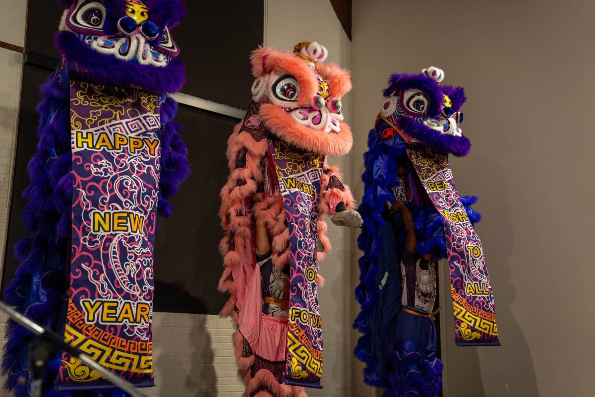 Southern Lotus Lion Dance members perform a lion dance during the Asian Student Union’s Lunar New Year celebration on Thursday, Feb. 26, 2026, at the Global Community Center in Baton Rouge, La.
