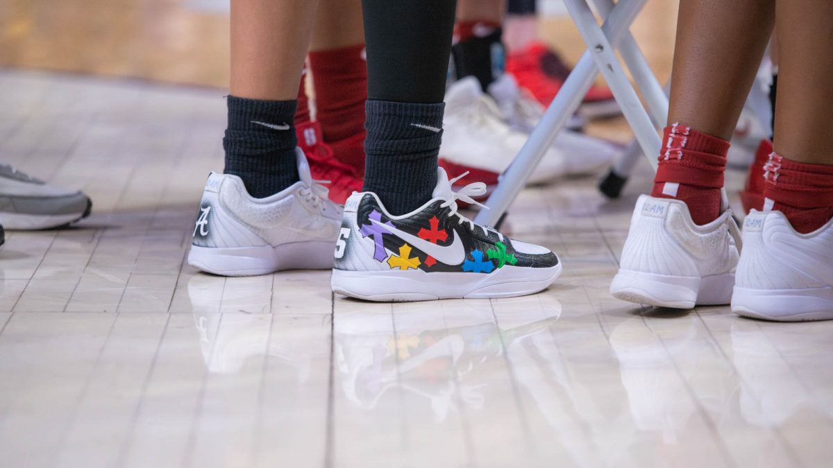 Custom Nike shoes stand on the court during LSU's 103-62 victory over Alabama Sunday, Feb. 1, 2026, at the Pete Maravich Center in Baton Rouge, La.