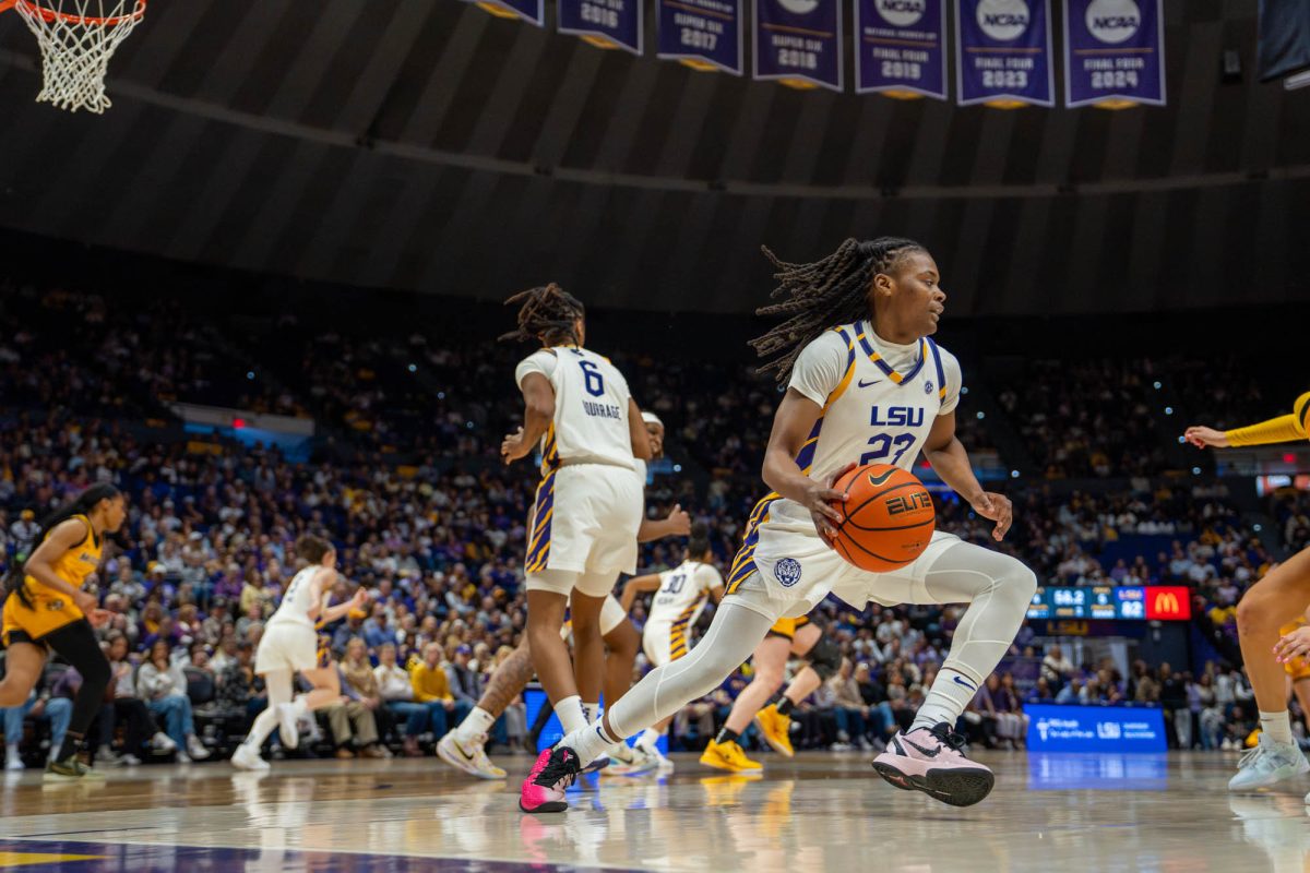 LSU women’s basketball junior guard MiLaysia Fulwiley dribbles the ball during LSU’s 108-55 win against University of Missouri on Sunday, Feb. 22, 2026, at the Pete Maravich Assembly Center in Baton Rouge, La.
