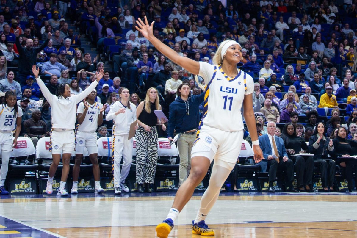 LSU women’s basketball freshman guard ZaKiyah Johnson (11) celebrates during the Tigers’ 89-60 victory over Florida Monday, Jan. 26, 2026, at the Pete Maravich Center in Baton Rouge, La.