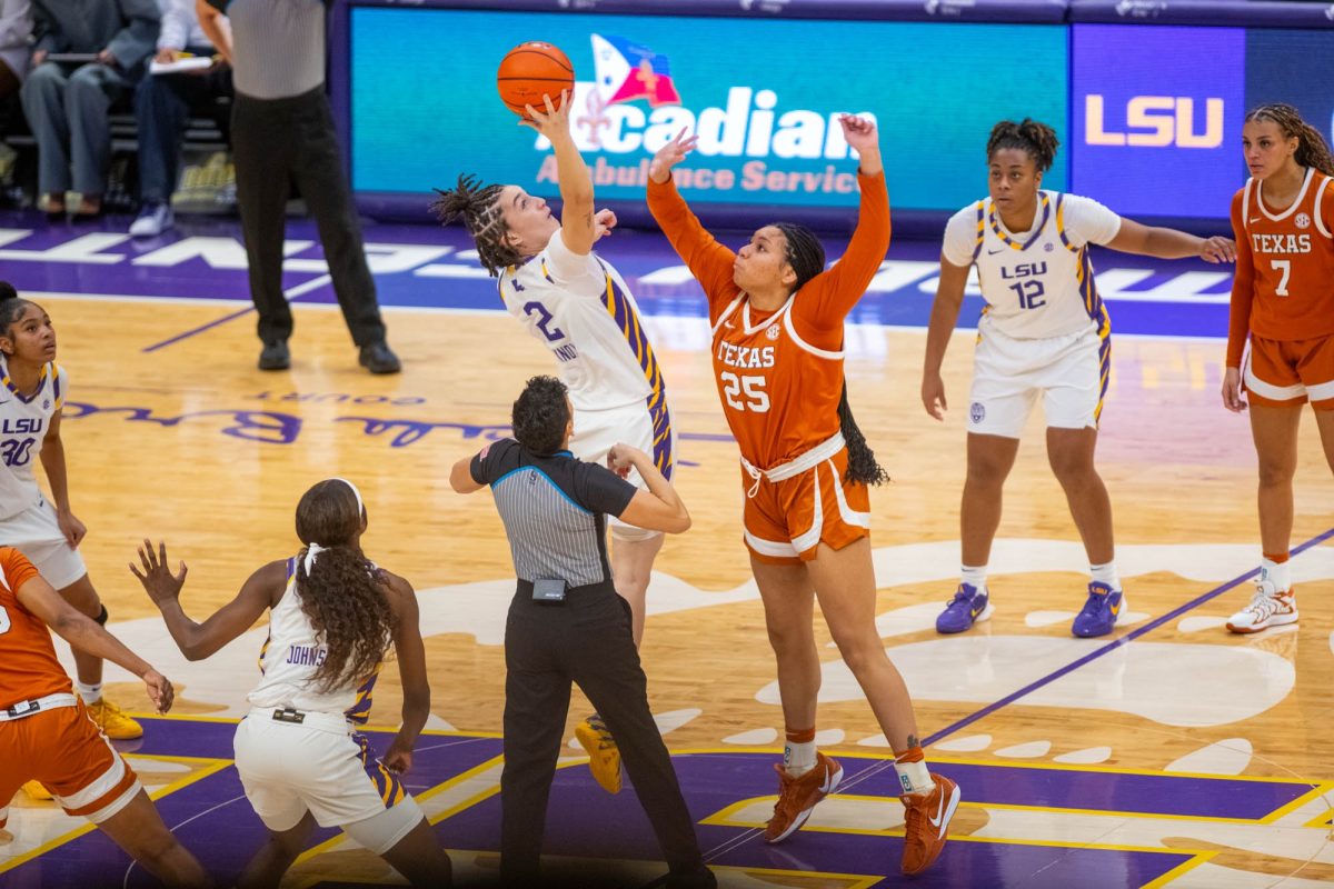 LSU women's basketball freshman forward Grace Knox (2) gets the ball Sunday, Jan. 11, 2026, during the 70-65 win against Texas at the Pete Maravich Assemby Center in Baton Rouge, La.