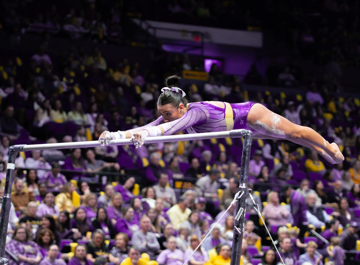 LSU gymnastics graduate student all-around competitor Alexis Jeffrey performs her bar routine during LSU's 197.525 - 196.125 win over Penn State Feb. 6, 2026, at the Pete Maravich Assembly Center in Baton Rouge, La