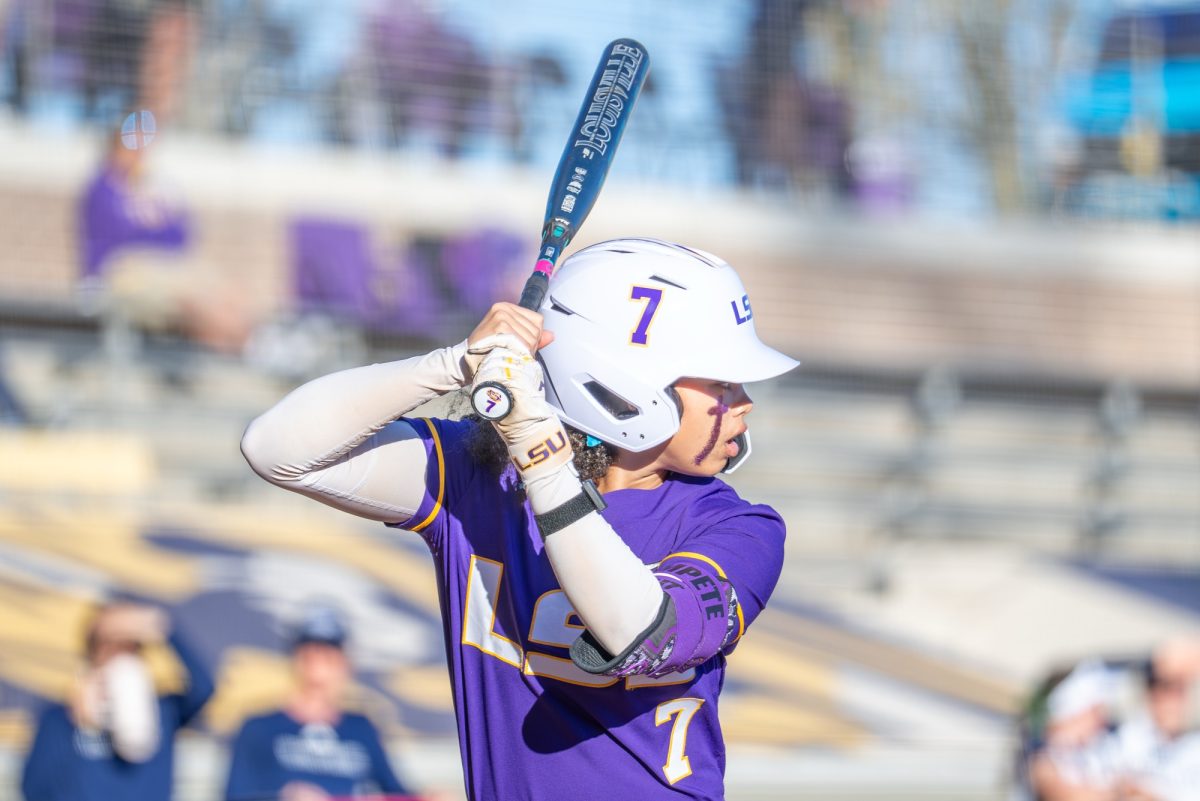 LSU softball senior outfielder Jalia Lassiter (7) stands at the plate during the Tigers' 6-2 win over Nevada Friday, Feb. 6, 2025 at Tiger Park in Baton Rouge, La.