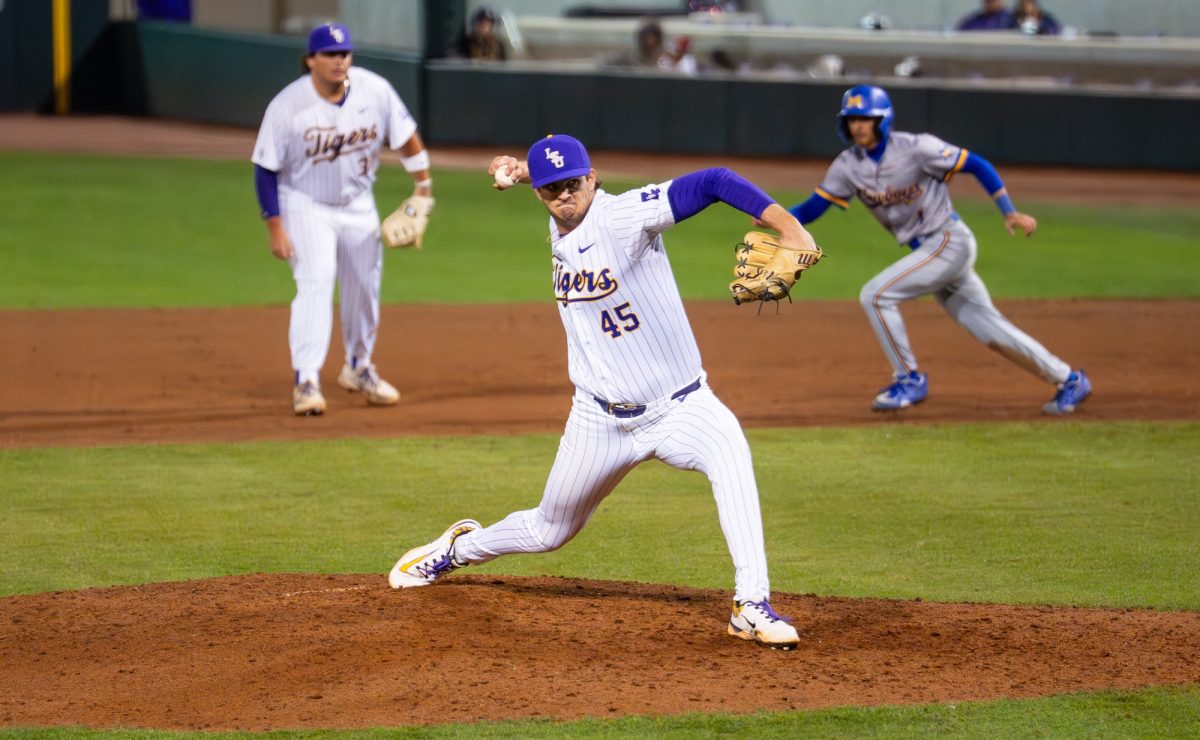 LSU baseball redshirt sophomore right-handed pitcher Deven Sheerin (45) pitches the ball during the Tigers' 7-6 loss against McNeese on Tuesday, Feb. 24, 2026, at Alex Box Stadium in Baton Rouge, La.