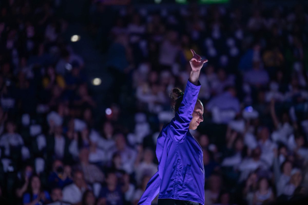 LSU gymnastics all-around junior student Madison Ulrich waves at fans before LSU’s meet against Auburn University on Friday, Feb. 13, 2026, at the Pete Maravich Assembly Center in Baton Rouge, La.