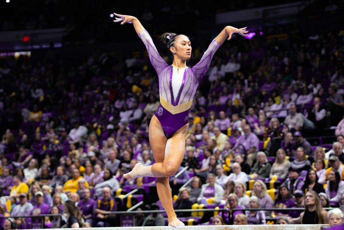 LSU gymnastics all-around sophomore Kailin Chio performs her beam routine during LSU Gymnastics 197.525 - 196.125 win over Penn State Feb. 6, 2026, at the Pete Maravich Assembly Center in Baton Rouge, La