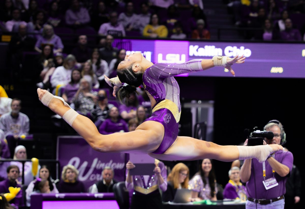 LSU gymnastics all-around sophomore Kailin Chio performs her floor routine during LSU's 197.525 - 196.125 win over Penn State Feb. 6, 2026, at the Pete Maravich Assembly Center in Baton Rouge, La