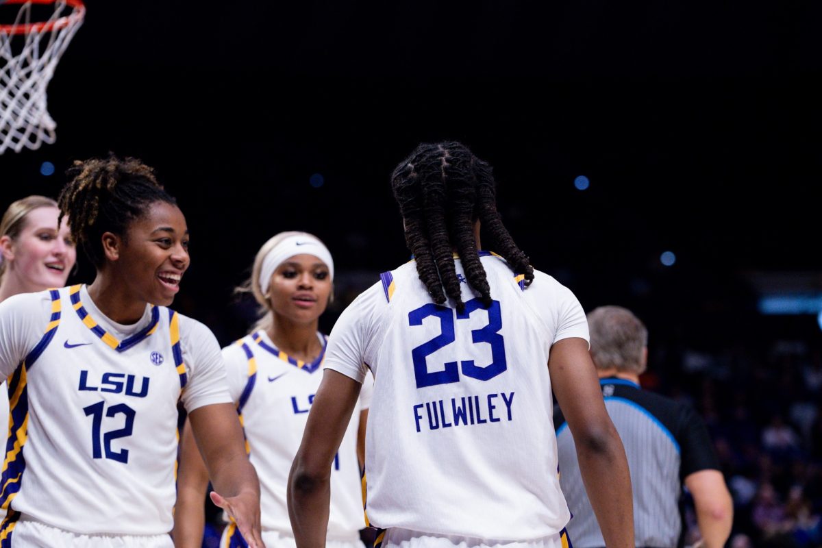 LSU women's basketball celebrates during the 108-55 win against Houston Christian on Tuesday, Nov. 4, 2025, at the Pete Maravich Assembly Center in Baton Rouge, La.