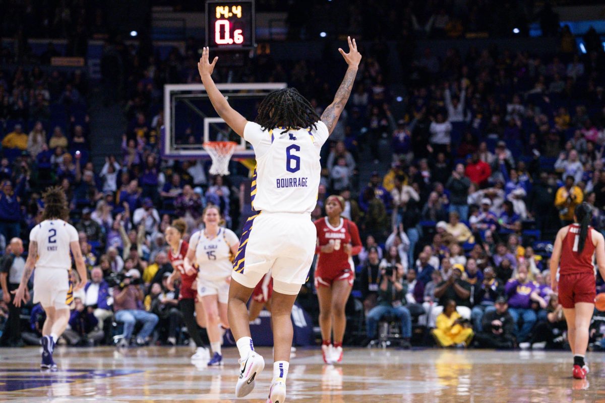 LSU women’s basketball freshman guard Divine Bourrage (6) celebrates during the Tigers’ 103-62 victory over Alabama Sunday, Feb. 1, 2026, at the Pete Maravich Center in Baton Rouge, La.