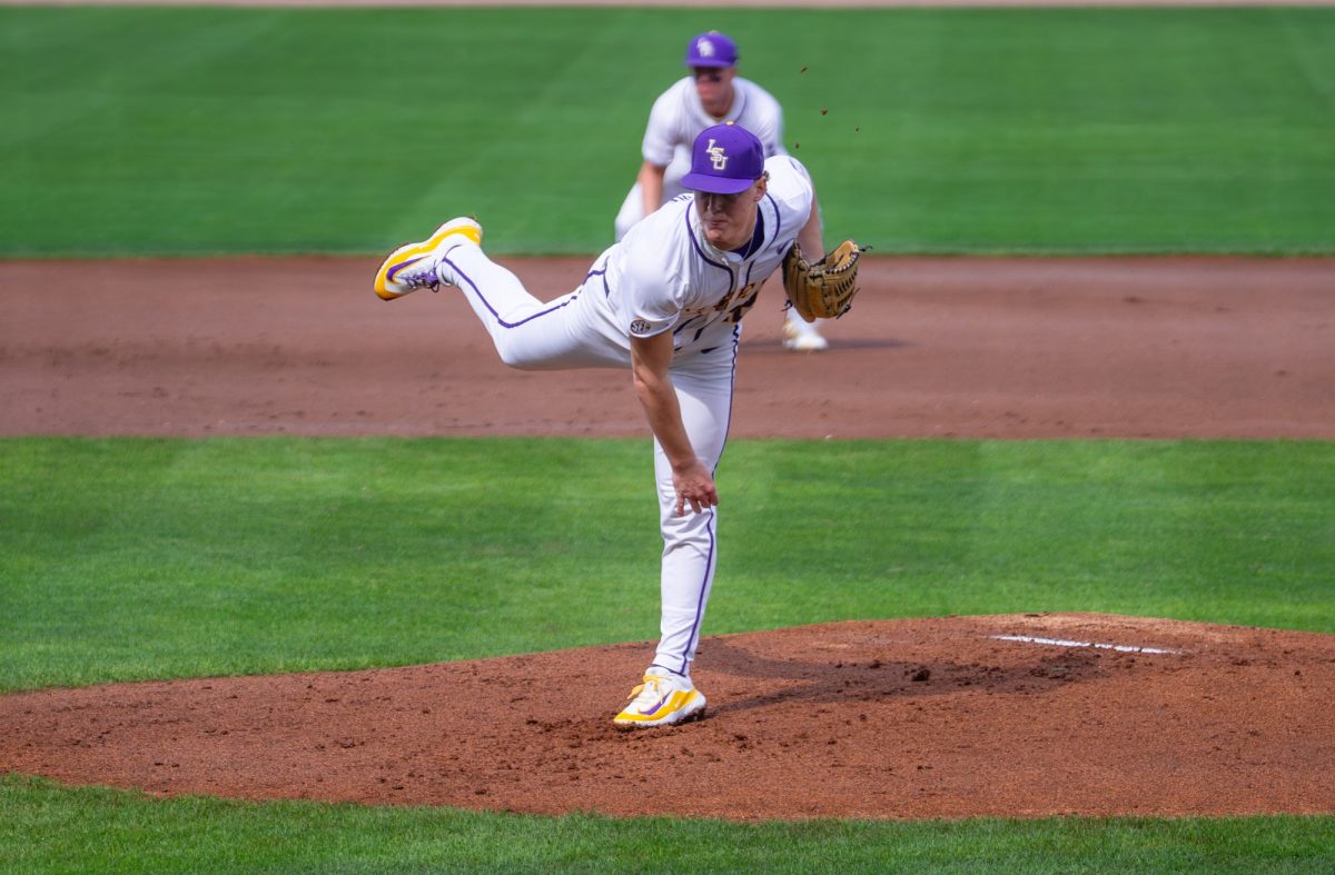 LSU baseball junior right-handed pitcher Cooper Moore (22) pitches the ball during the Tigers' 5-3 win over Milwaukee Saturday, Feb. 14, 2026, at Alex Box Stadium in Baton Rouge, La.