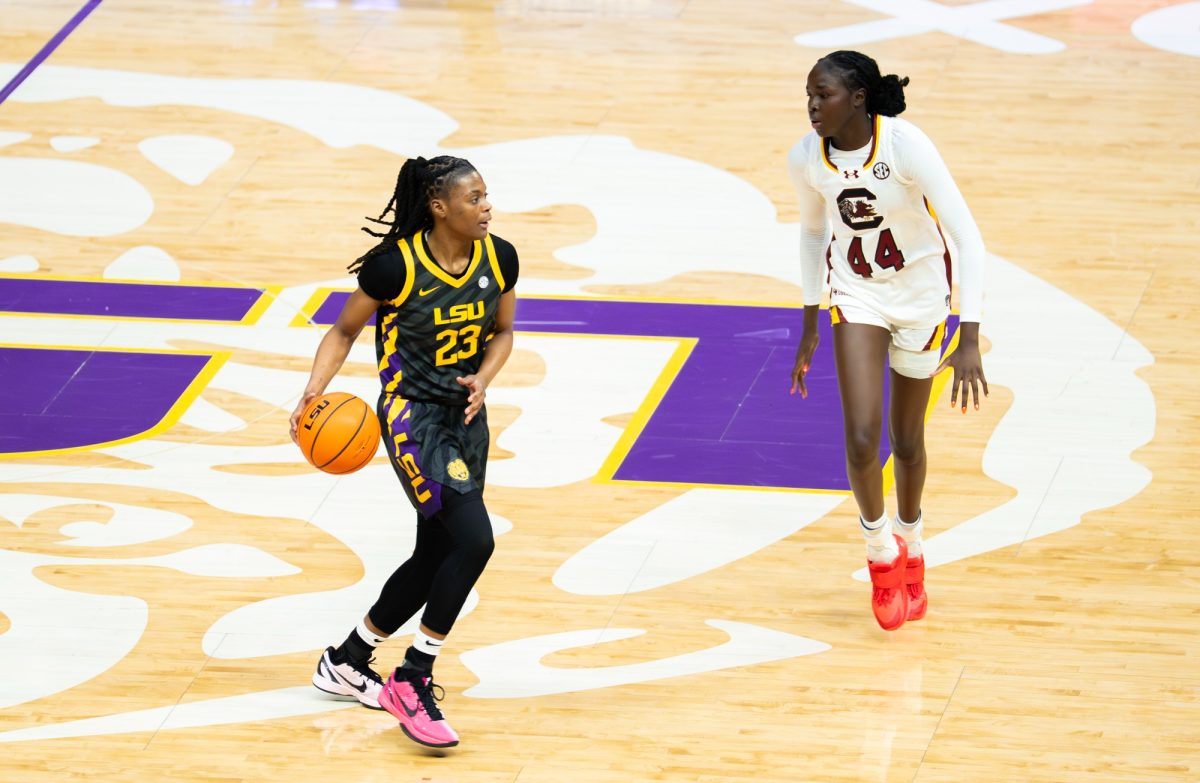 LSU women's basketball junior guard MiLaysia Fulwiley (23) looks down the court during the Tigers' 79-72 loss against South Carolina Saturday, Feb. 14, 2026, at the Pete Maravich Assembly Center in Baton Rouge, La.