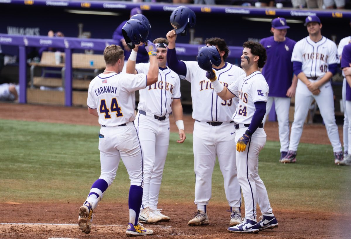 LSU baseball junior infielder Trent Caraway (44) celebrates during the Tigers' 12-1 win over Nicholls on Wednesday, Feb. 18, 2026, at Alex Box Stadium in Baton Rouge, La.