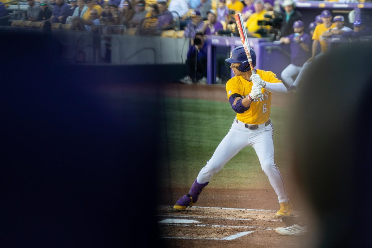 LSU baseball sophomore outfielder Derek Curiel (6) stands at the plate during the Tigers' 21-7 victory vs Milwaukee Sunday, Feb. 15, 2026, at Alex Box Stadium in Baton Rouge, La.