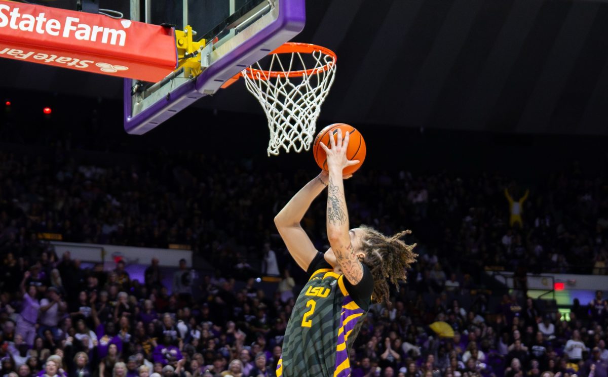 LSU women's basketball freshman forward Grace Knox goes up to the rim during the Tigers' 79-72 loss against South Carolina Saturday, Feb. 14, 2026, at the Pete Maravich Assembly Center in Baton Rouge, La.