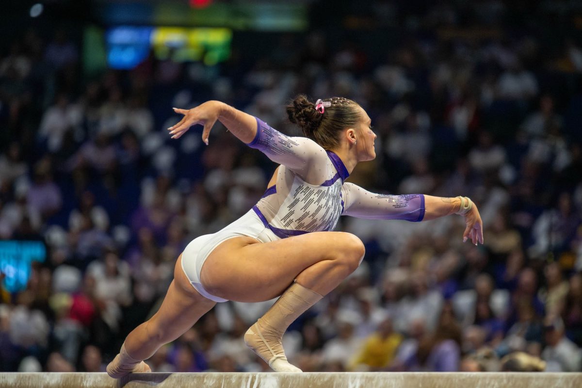 LSU gymnastics all-around sophomore Lexi Zeiss performs on the balance beam during LSU’s meet against Auburn University on Friday, Feb. 13, 2026, at the Pete Maravich Assembly Center in Baton Rouge, La.