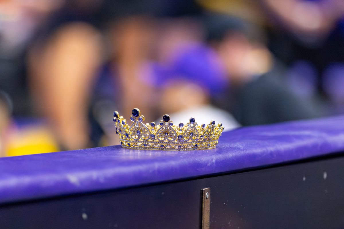 The crown LSU gymnastics won at the NCAA National Championship on April 20, 2024, sits on display during LSU’s meet against the University of Kentucky on Friday, Jan. 23, 2026, at the Pete Maravich Assembly Center in Baton Rouge, La.