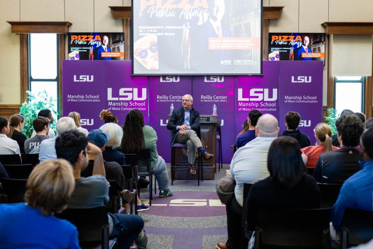 Former Governor of Louisiana John Bel Edwards speaks Wednesday, Feb. 11, 2026, at the Journalism Building in Baton Rouge, La.