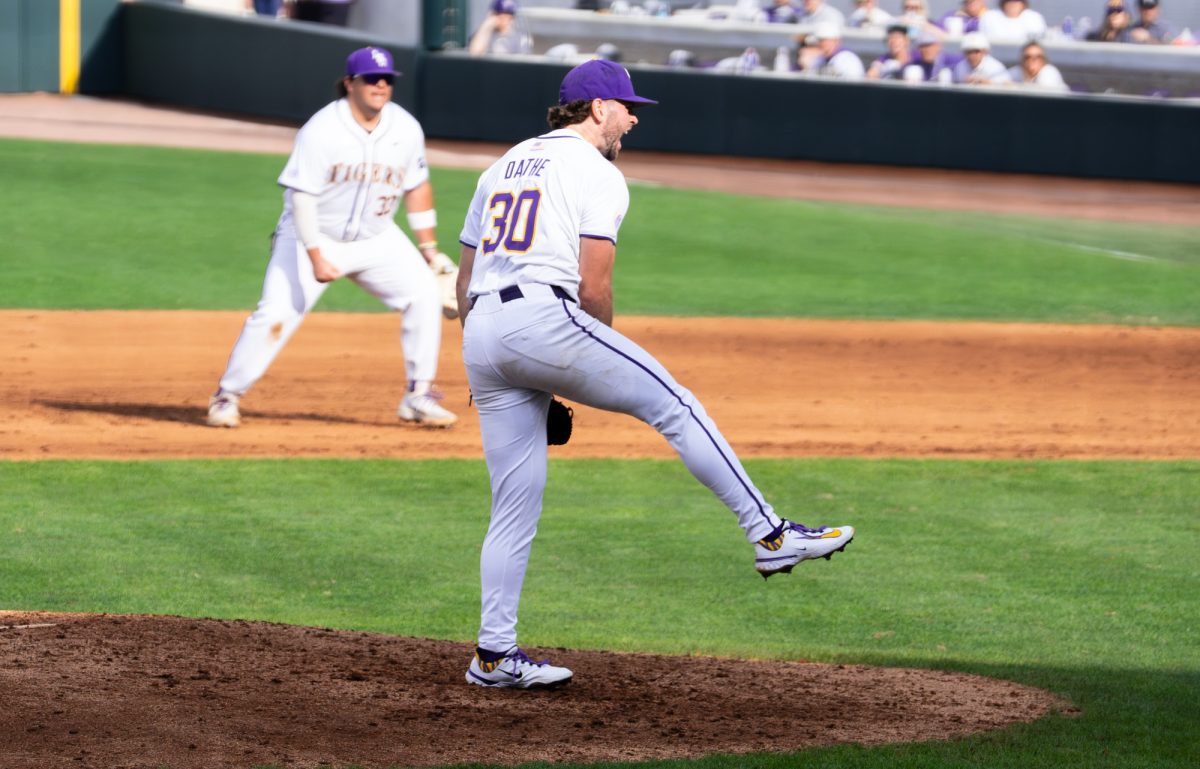 LSU baseball fifth-year senior pitcher Dax Dathe (30) celebrates during the Tigers' 5-3 win over Milwaukee Saturday, Feb. 14, 2026, at Alex Box Stadium in Baton Rouge, La.