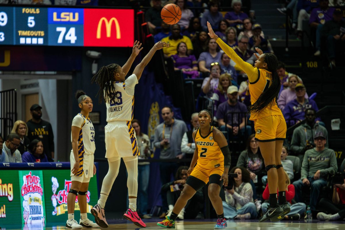 LSU women’s basketball junior guard MiLaysia Fulwiley (23) throws the ball during LSU’s 108-55 win against University of Missouri on Sunday, Feb. 22, 2026, at the Pete Maravich Assembly Center in Baton Rouge, La.