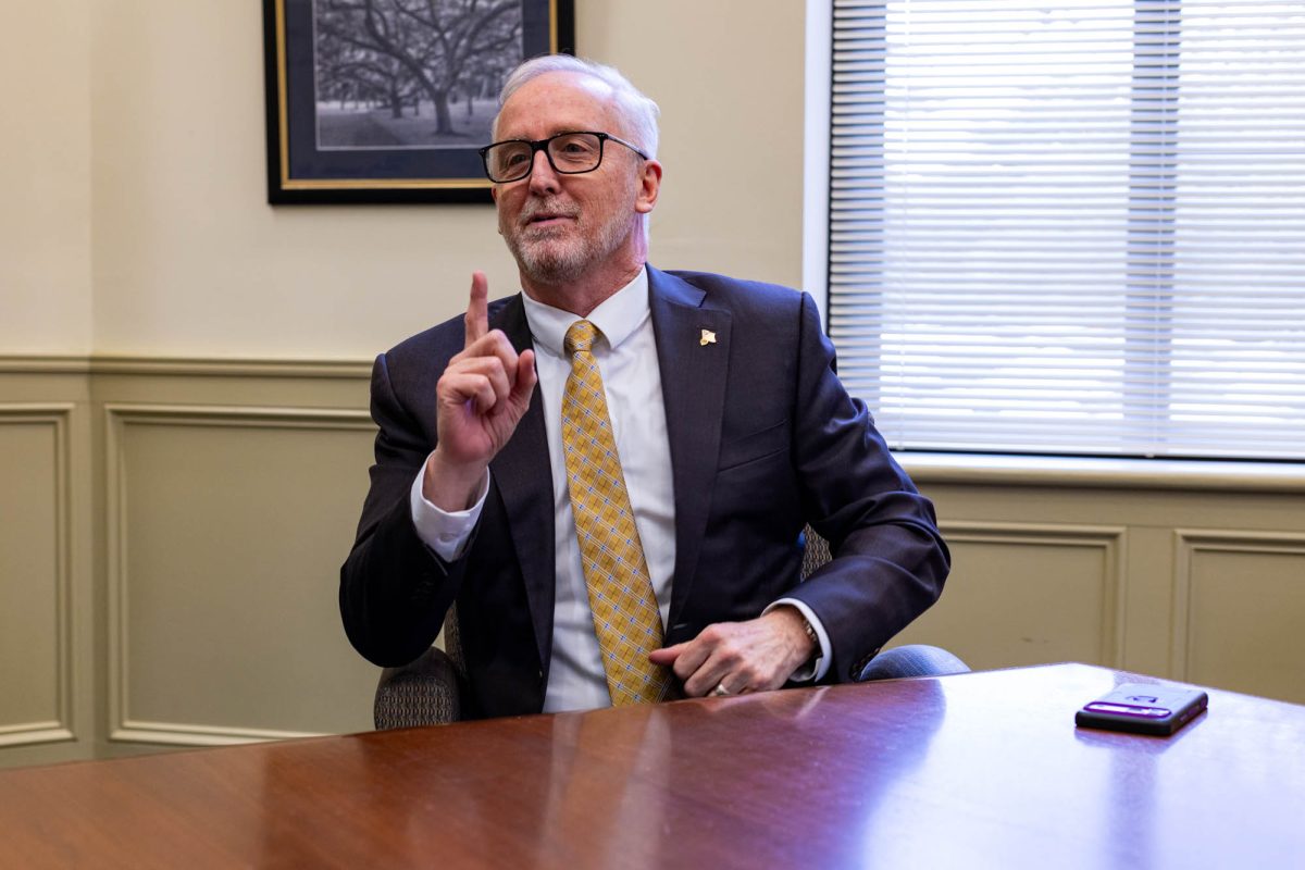 LSU chancellor Jim Dalton talks Tuesday, Feb. 3, 2026, at Thomas Boyd Hall in Baton Rouge, La.