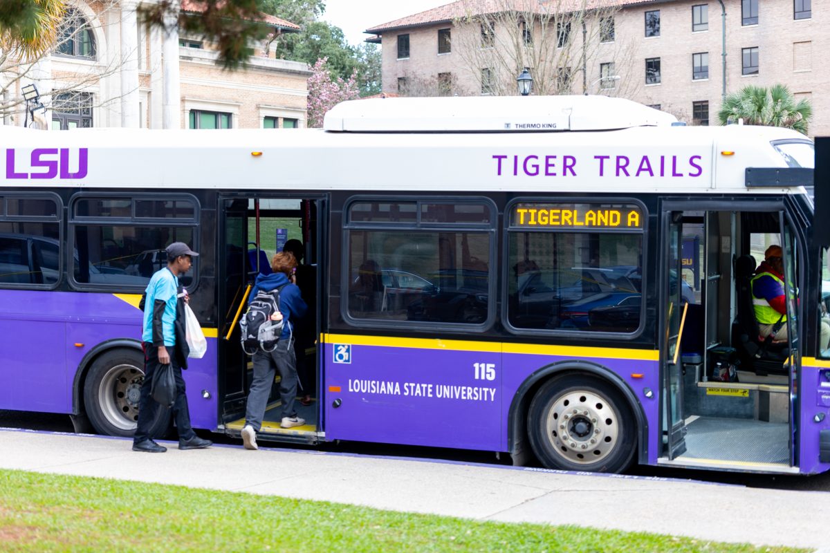 Students board a Tiger Trails bus as they head home after classes on Wednesday, Jan. 14, 2026, in Baton Rouge, La.