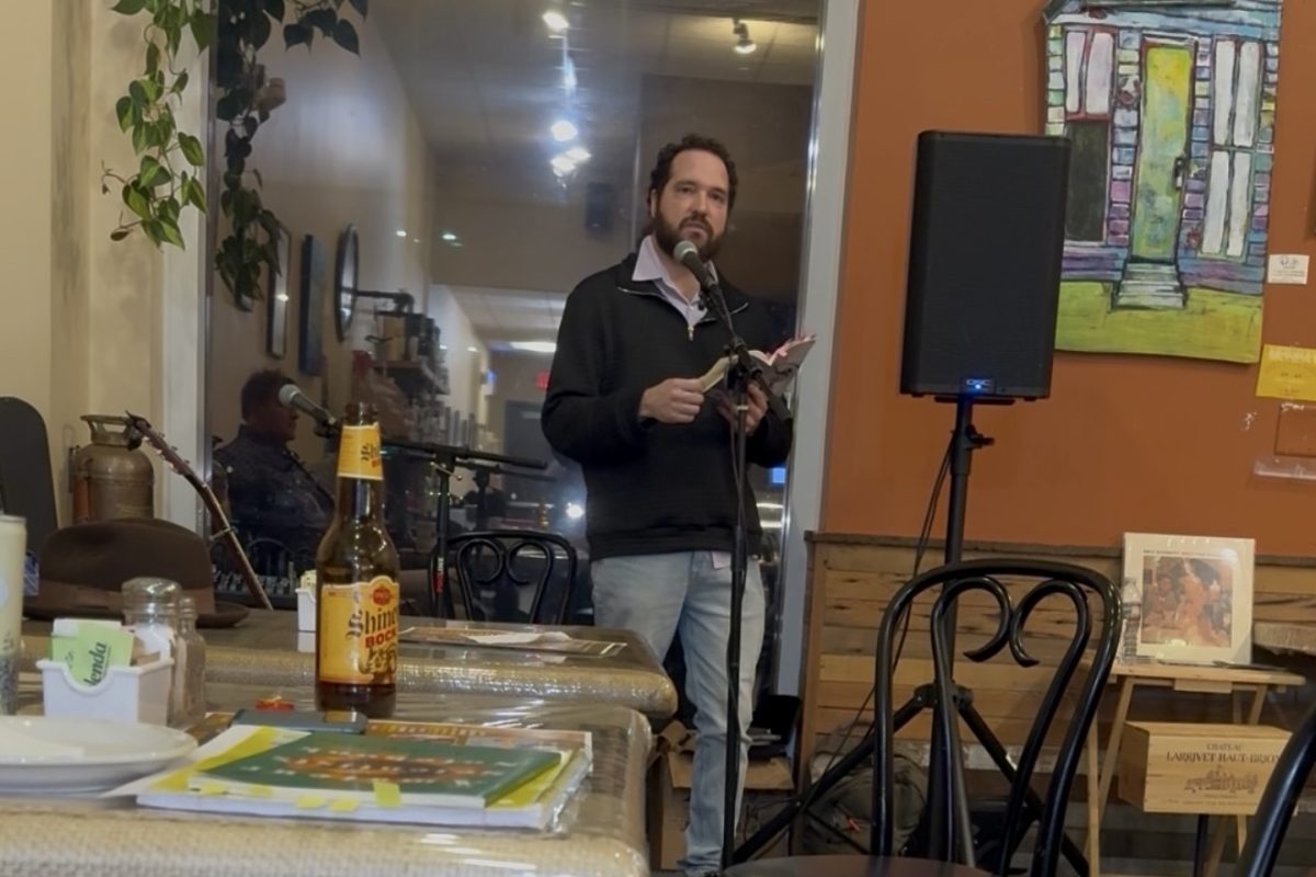Jesse DeLong performing original poetry at La Divina Italian Cafe on Feb. 7, 2025 in Baton Rouge, La. (Photo courtesy of Jesse DeLong).