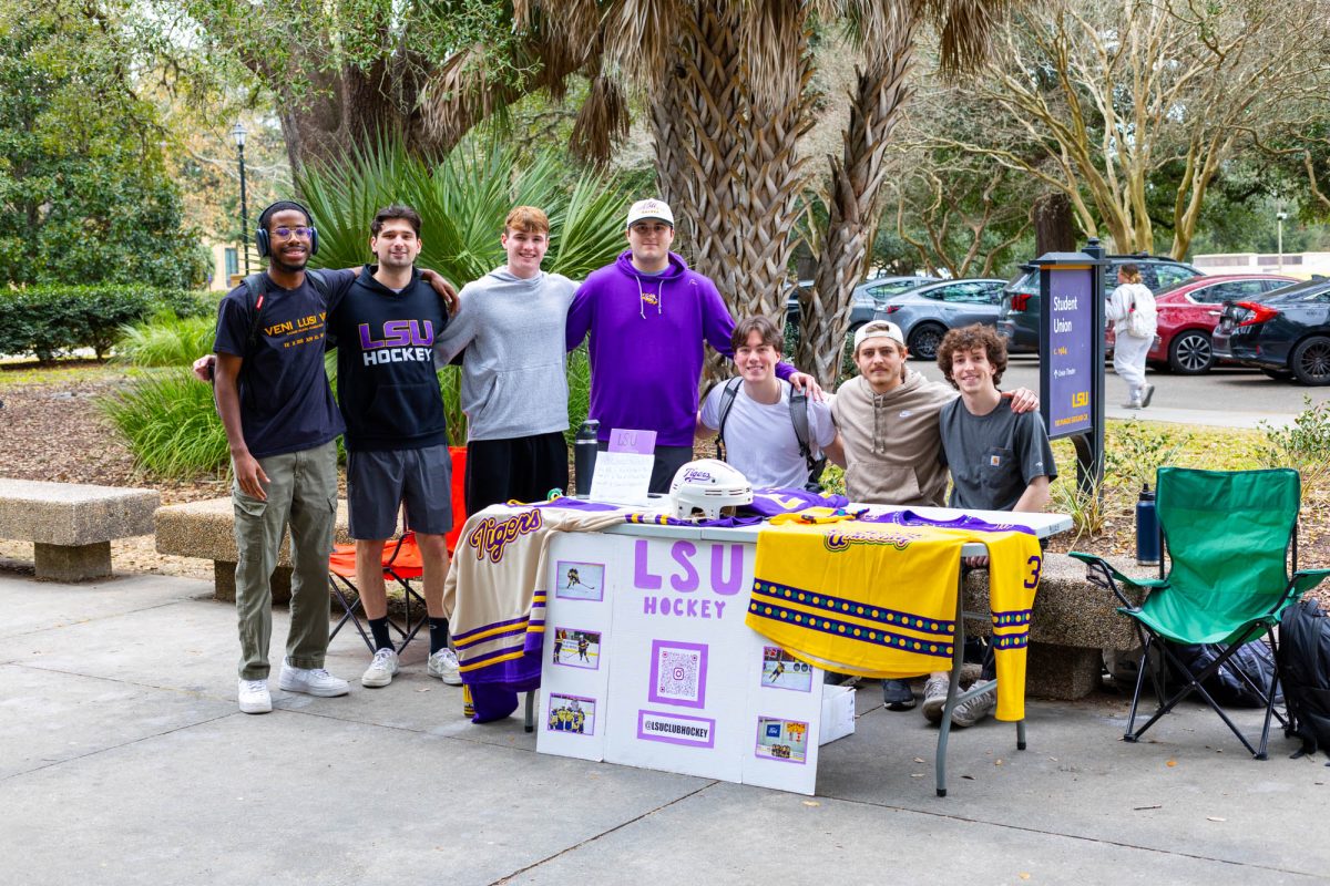 The LSU club hockey team tables Tuesday, Feb. 3, 2026, at the Free Speech Alley in Baton Rouge, La.