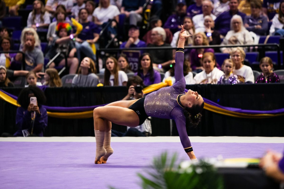 LSU gymnastics all-around sophomore Lexi Zeiss performs her floor routine during LSU’s 197.975-197.600 win against Alabama on Friday, Feb. 27, 2026, at the Pete Maravich Assembly Center in Baton Rouge, La.