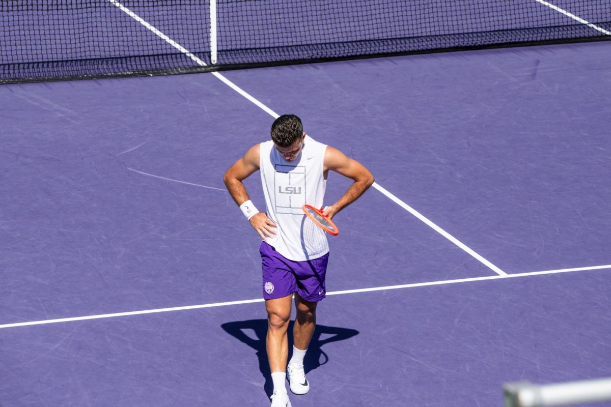 LSU men’s tennis freshman Erik Arutiunian stands on the court during his singles win against Ole Miss on Sunday, March 1, 2026, at the LSU Tennis Complex in Baton Rouge, La.