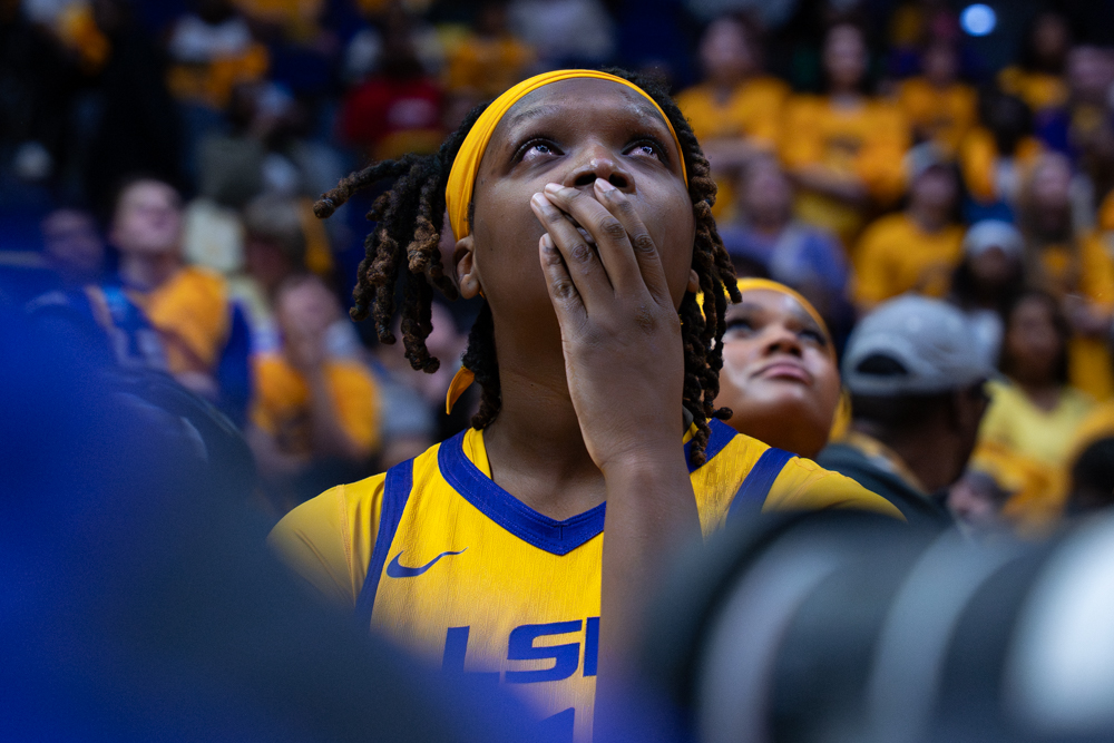 LSU women’s basketball senior forward Amiya Joyner (1) looks up during the Tigers’ 89-73 victory over Tennessee Thursday, Feb. 26, 2026, at the Pete Maravich Assembly  Center in Baton Rouge, La.