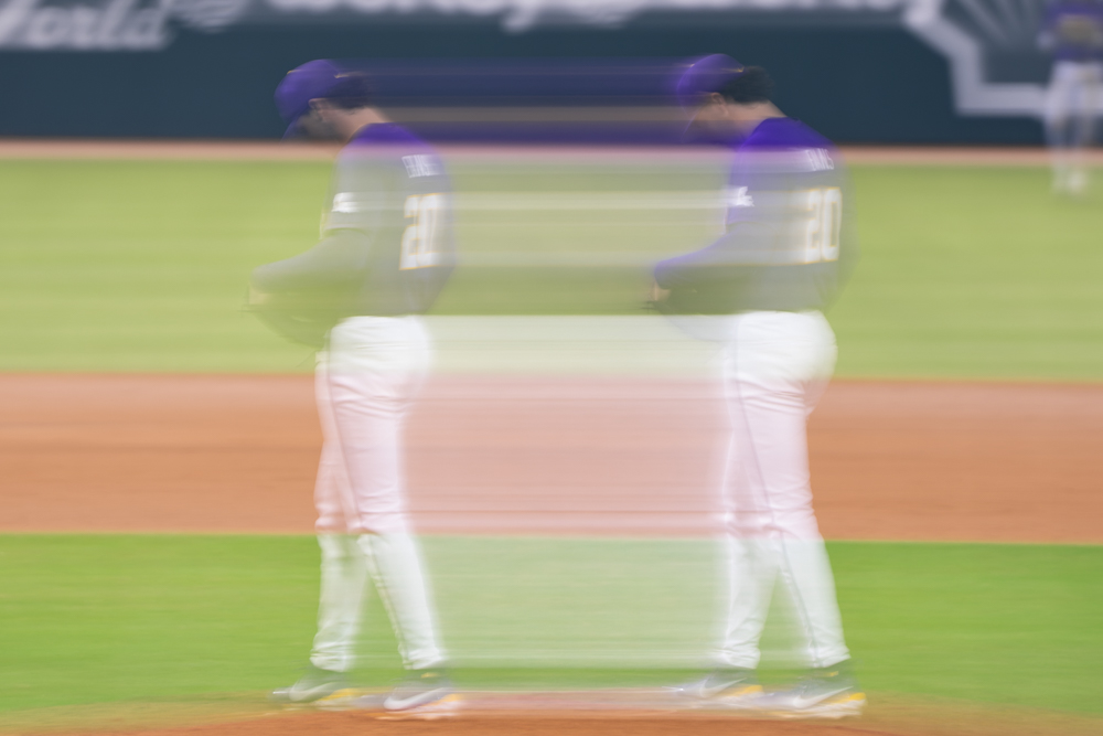 LSU baseball sophomore pitcher Casan Evans (20) stands at the mound during the Tigers' 7-1 victory vs Oklahoma Thursday, March 19, 2026, at Alex Box Stadium in Baton Rouge, La.