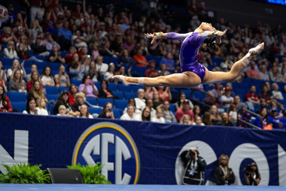 LSU gymnastics all-around sophomore Kailin Chio performs her floor exercise routine during the Tigers' SEC Championship loss Saturday, March 21, 2026, at the Bank of Oklahoma Center in Tulsa, Okla.