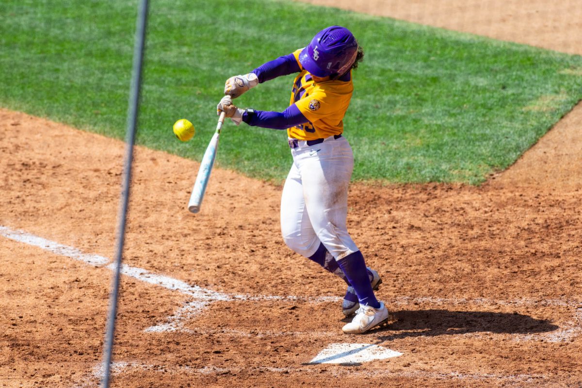 LSU softball junior utility Sierra Daniel (23) hits the ball Sunday, March 29, 2026 during their 4-8 loss to Oklahoma at Tiger Park in Baton Rouge, La.