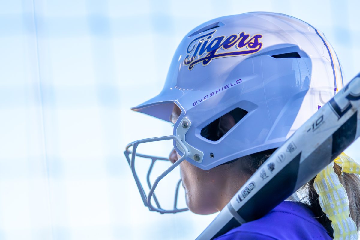 LSU softball senior infielder Avery Hodge (82) looks onto the field during the Tigers' 6-2 win over Nevada Friday, Feb. 6, 2025 at Tiger Park in Baton Rouge, La.