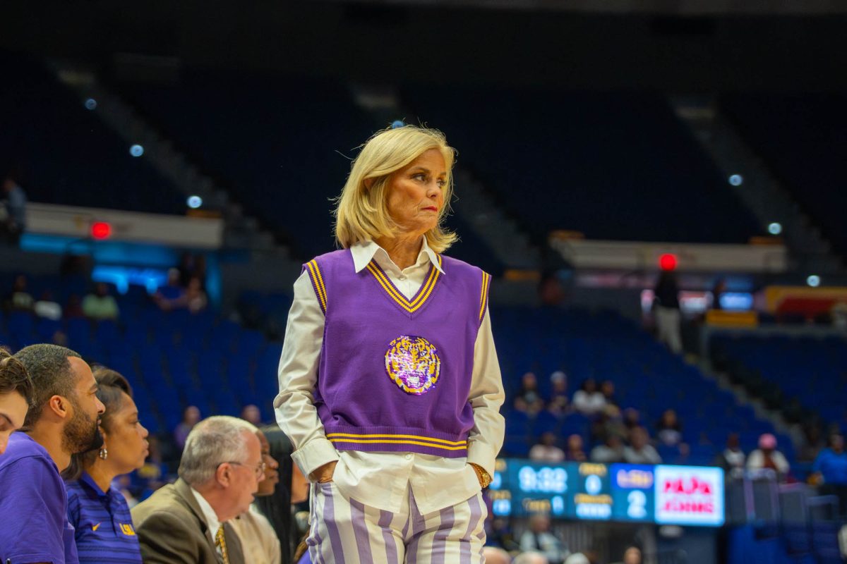 LSU women's basketball head coach Kim Mulkey looks down the court during their 148-46 win against Mississippi College on Thursday, Oct. 23, 2025, at the Pete Maravich Assembly Center in Baton Rouge, La.