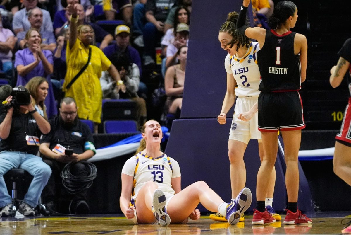 LSU forward Kate Koval (13) reacts after being fouled during the first half in the second round of the NCAA college basketball tournament against Texas Tech, Sunday, March 22, 2026, in Baton Rouge, La. (AP Photo/Gerald Herbert)