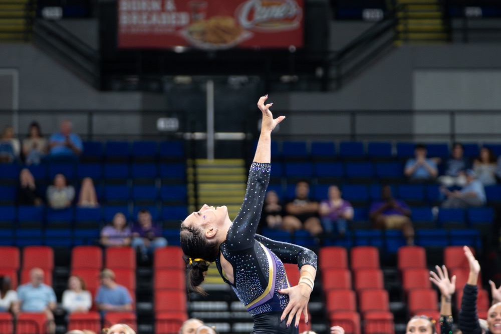 LSU gymnastics all-around sophomore Lexi Zeiss performs her floor exercise routine during the Podium Challenge against Alabama, North Carolina and Arizona Sunday, March 1, 2026, at the Raising Cane’s River Center in Baton Rouge, La.