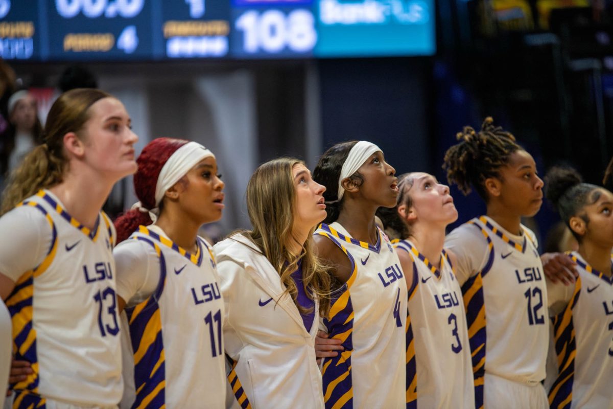 LSU women’s basketball team sings the alma mater after LSU’s 108-55 win against the University of Missouri on Sunday, Feb. 22, 2026, at the Pete Maravich Assembly Center in Baton Rouge, La.