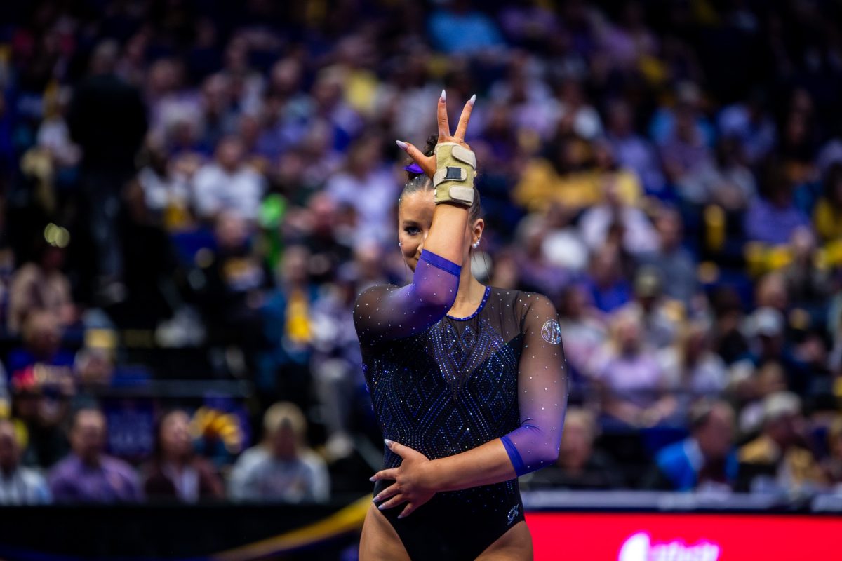 LSU gymnastics all-around junior Kylie Coen performs her floor routine during LSU’s 198.075-197.100 win against Arkansas on Friday, March 13, 2026, at the Pete Maravich Assembly Center in Baton Rouge, La.